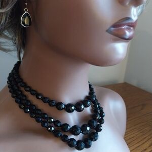 Vintage Glass Black Beaded Necklace and Earring Set